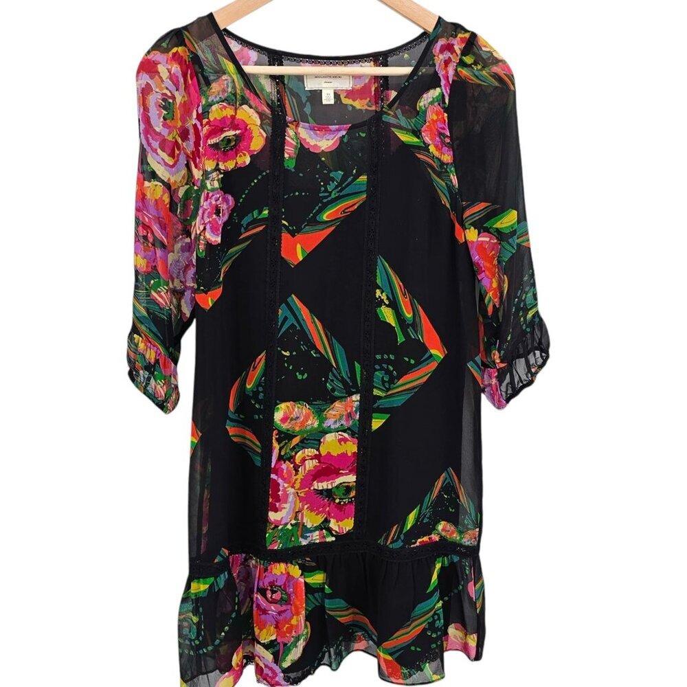 Anthropologie Moulinette Soeurs Womens XS Black‎ Floral Silk Sheer Dress W/ Slip